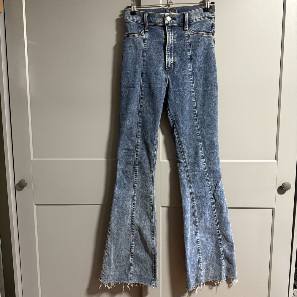 Abercrombie & Fitch Women Flare Leg Raw Hem Acid Wash Denim Jeans Blue 27
